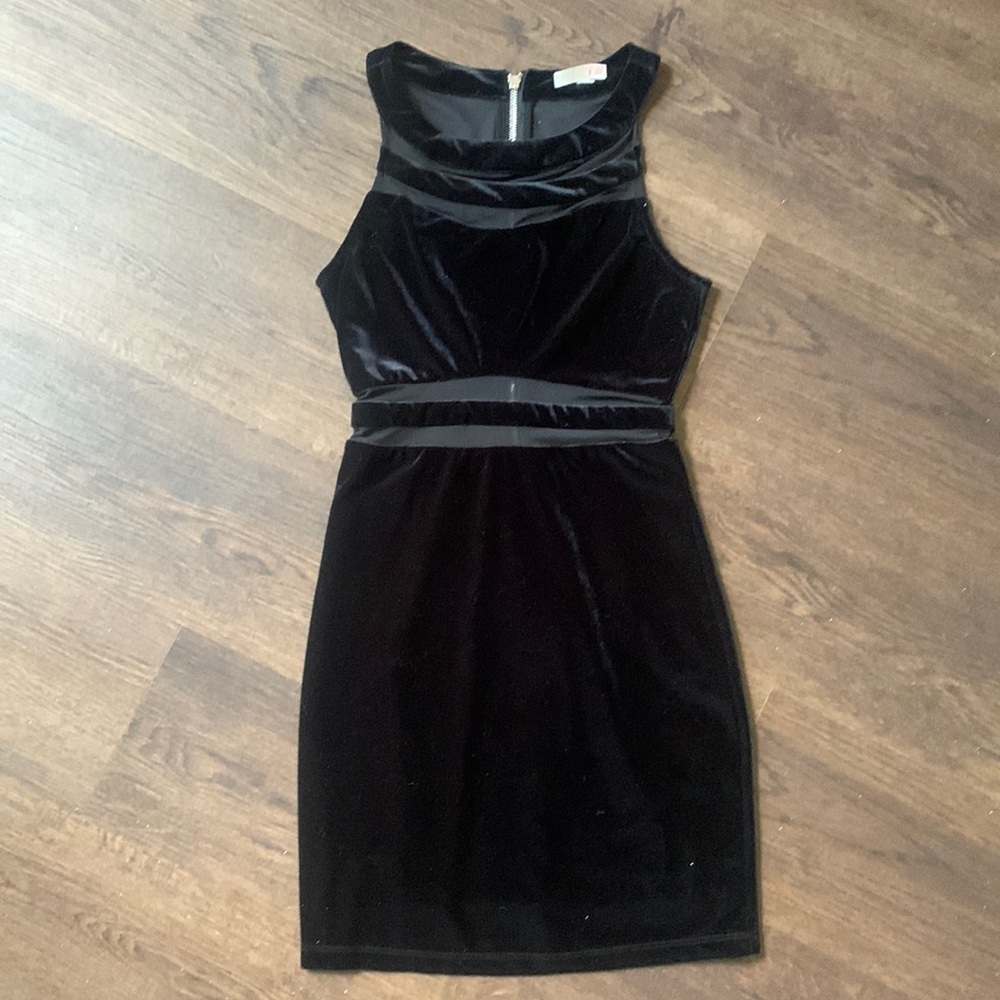 Gianni Bini black velour mini dress with mesh cut outs size small